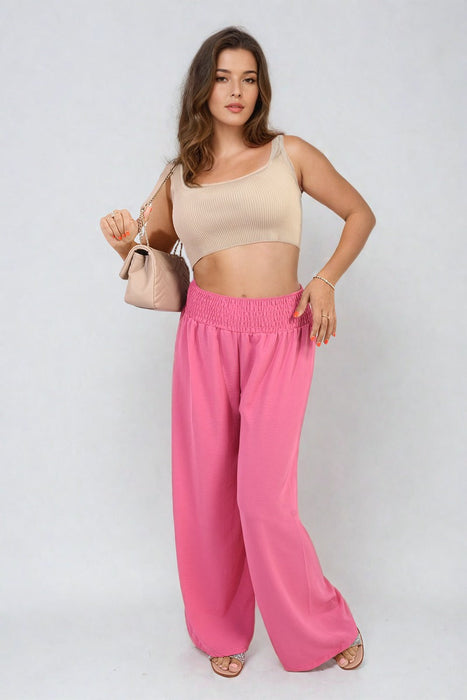 High waist wide leg trousers with pleated front and elastic waistband