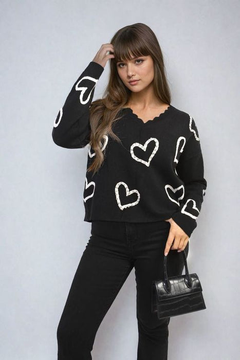 V-neck knitted jumper with embellished hearts and long sleeves for women