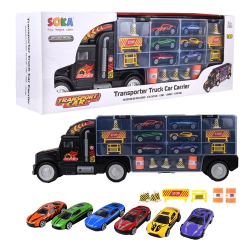 14-inch kids transporter truck toy with working crane, ramps, and six mini construction vehicles