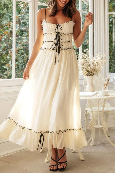 Women's ruched lace-up evening dress with frill design, partially lined, polyester-spandex blend