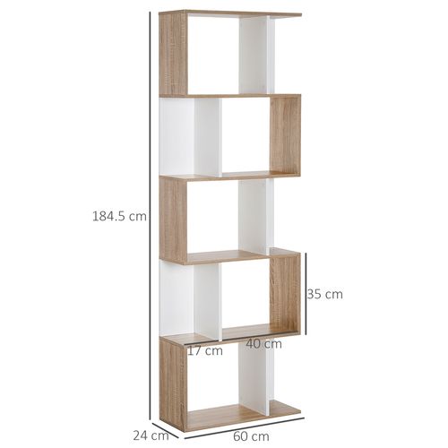 Modern 5-tier S-shape bookcase with staggered shelves holding books and decorative items in a living room setting