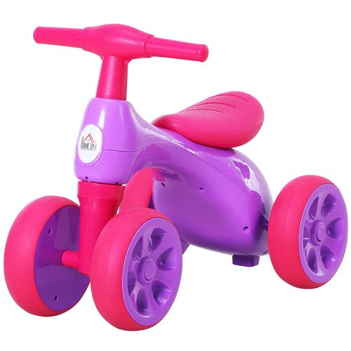 Violet baby balance bike with 4 wheels, safety seat, and rear toy storage bin for toddlers