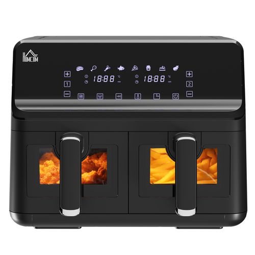 Dual digital air fryer with two 4L baskets and 8 preset cooking programs