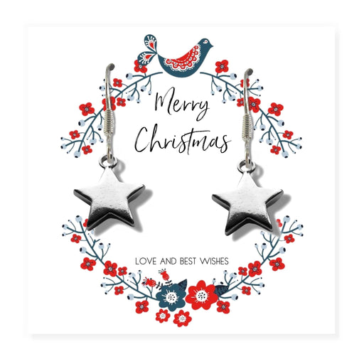 Pair of silver star charm drop earrings with Sterling Silver plated, nickel-free hooks, displayed on a "Merry Christmas" message card inside a black box.