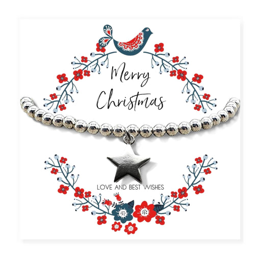 Silver star charm stretch beaded bracelet on a "Merry Christmas" message card, presented in a black gift box, ideal for letterbox delivery.