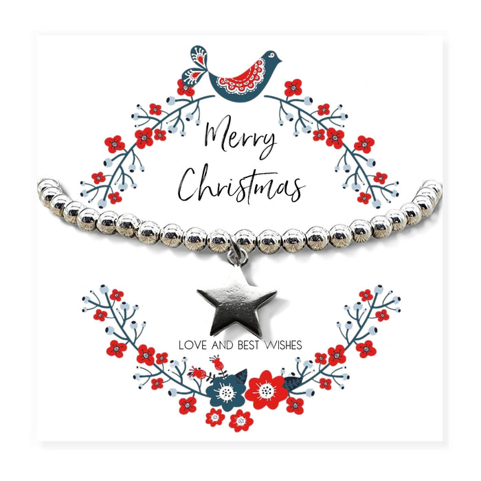 Silver star charm stretch beaded bracelet on a "Merry Christmas" message card, presented in a black gift box, ideal for letterbox delivery.