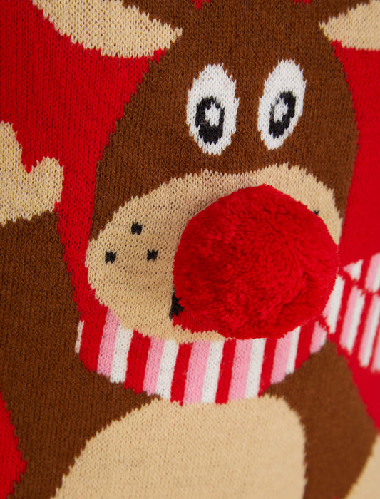 Kids Girls Christmas Jumper Waving Reindeer Pom Pom Nose Xmas Sweater Novelty