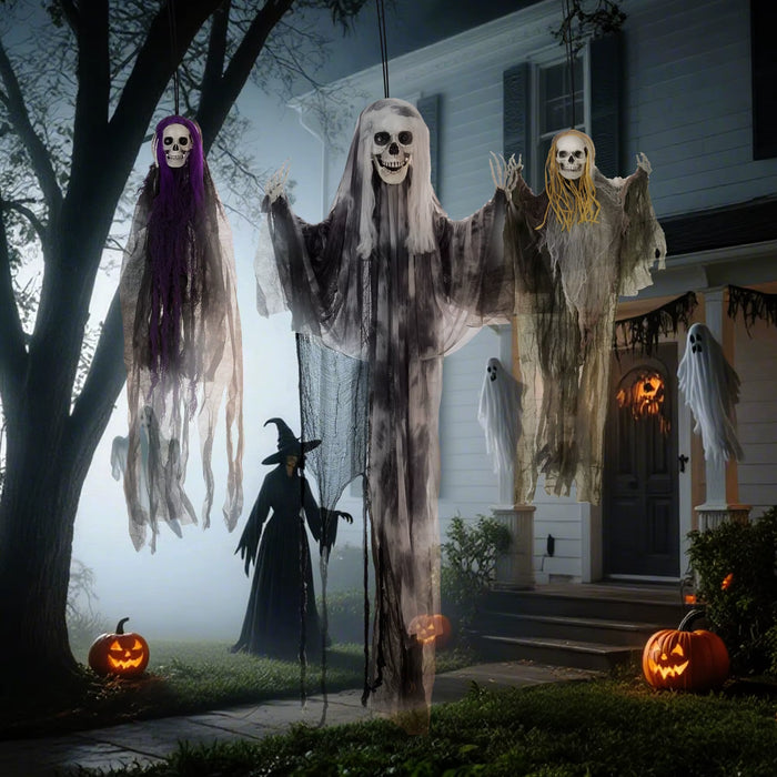 Set of 3 Hanging Skeleton, Flying Ghost Halloween Decorations