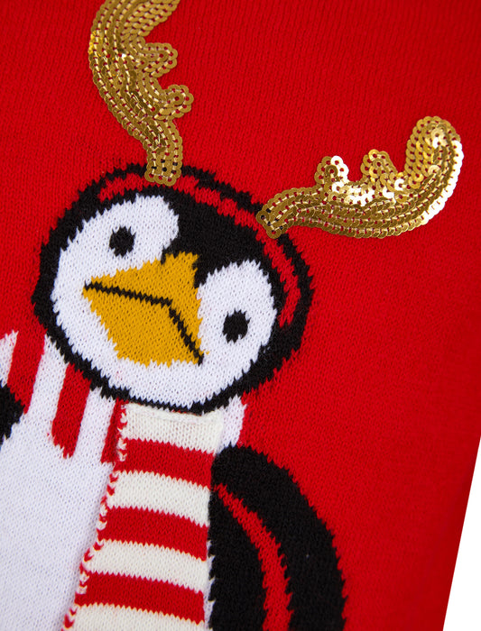 Kids Girls Christmas Jumper Antler Penguin Novelty Sequinned Xmas Sweater