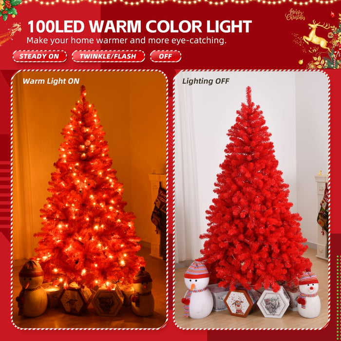 6Ft Red LED Christmas Tree Artificial 100 Warm Light Xmas Tree with Metal Stand