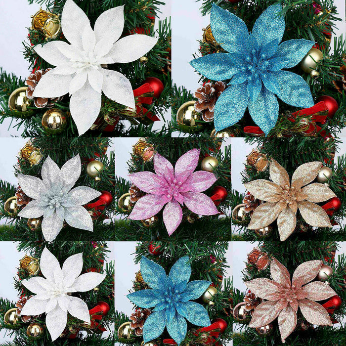 12 Pcs Christmas Large Poinsettia Glitter Flower Tree Hanging Party Xmas Decor