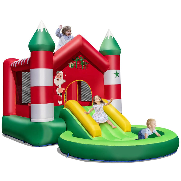 Christmas Inflatable Bounce House with Santa Claus, Gift Boxes, Slide, and Ball Pit