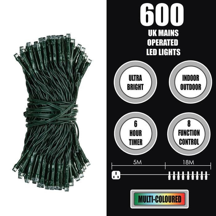 Christmas Lights 600 LED 18M Xmas Tree Lights - Fairy Lights Multi-Coloured
