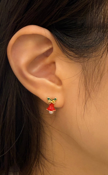 Christmas leaf pearl bell earrings-1