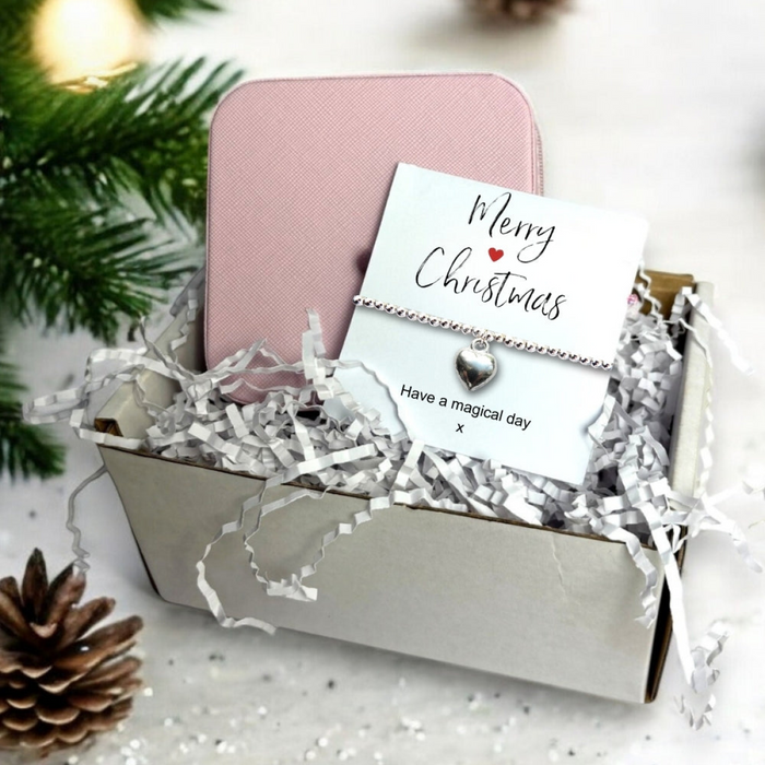 Christmas Gift Hamper – Silver Heart Bracelet & Pink Jewellery Box - Samanta Factory
