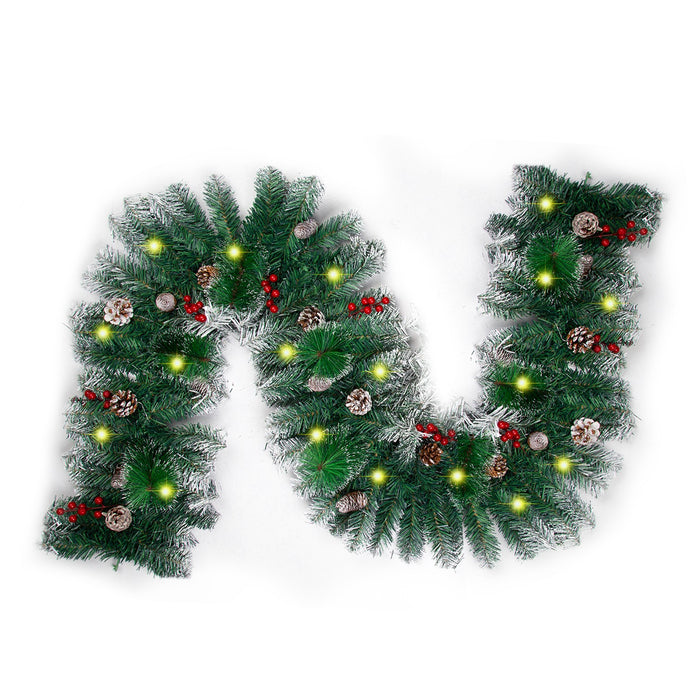9Ft Christmas Garland Snow Flocked with Lights Pinecones Berries Wreath Bushy