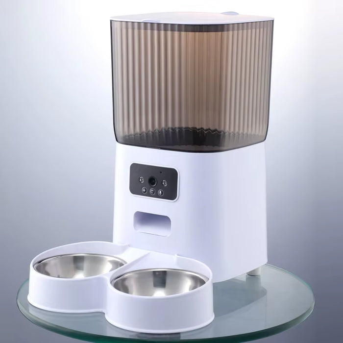 Smart 5L pet food dispenser with dual compartments and stainless steel bowls for cats and dogs

