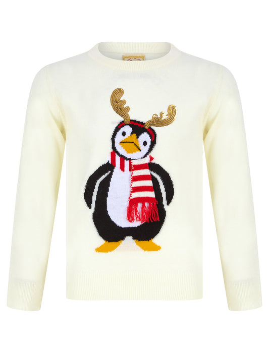 Kids Girls Christmas Jumper Antler Penguin Novelty Sequinned Xmas Sweater