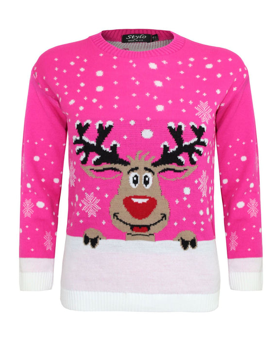 Kids Girls Boy Knitted Reindeer Christmas Rudolf Xmas Novelty Jumper Sweater Top