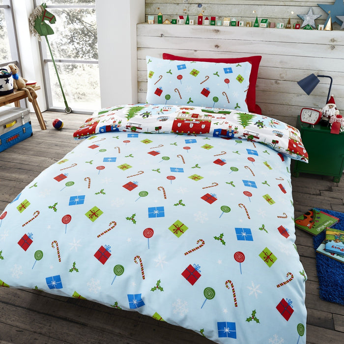 Father Christmas Duvet Cover Kid Xmas Single Quilt Bedding Set Red White Blue