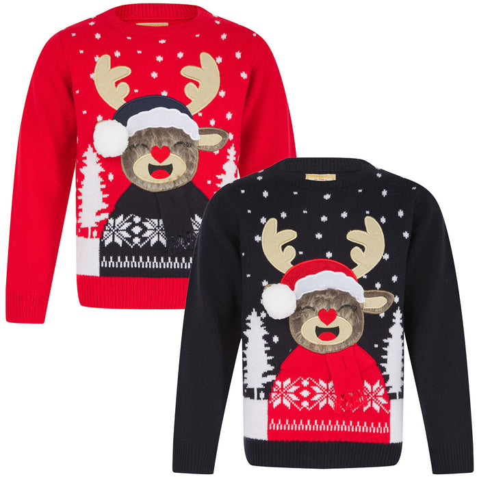 Girl'S Novelty Christmas Jumper Reindeer Knitted Xmas Sweater Top 3D Pom Pom Fur