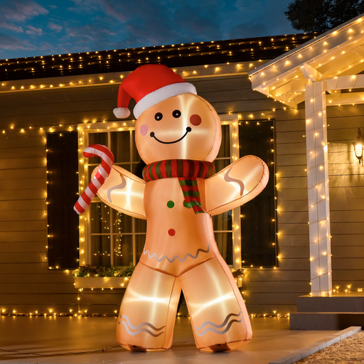 8ft inflatable gingerbread man with LED lights holding a candy cane
