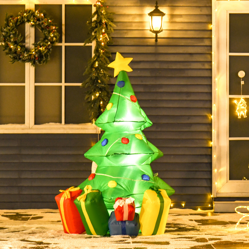 5ft inflatable Christmas tree with white LED lights and festive ornaments