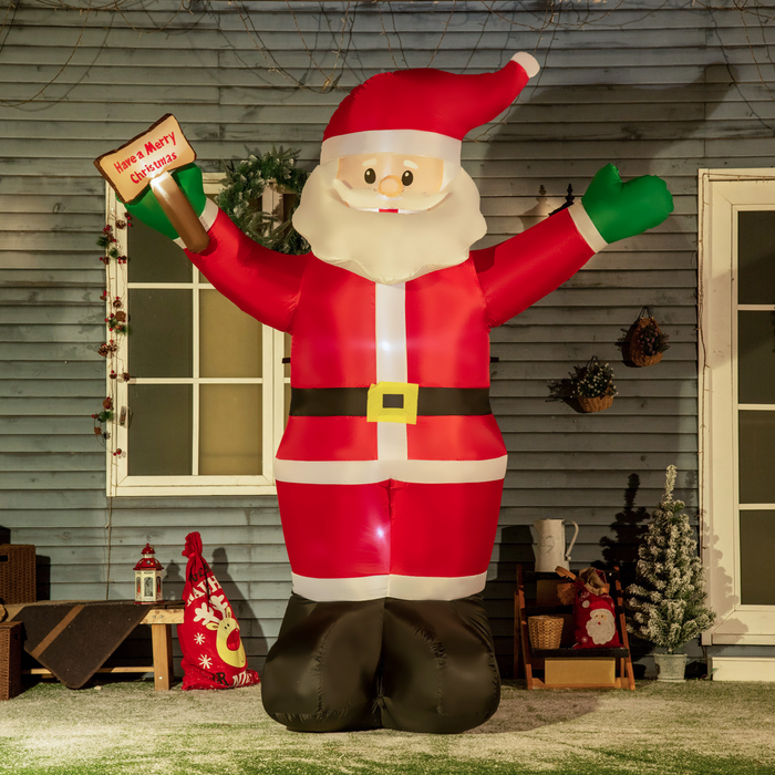 Large inflatable Santa Claus with internal LED lights for outdoor Christmas decoration.