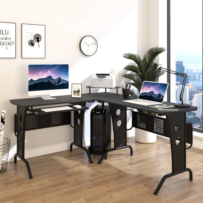 L-Shaped Corner Desk – Space-Saving Design with Keyboard Tray & Removable CPU Holder