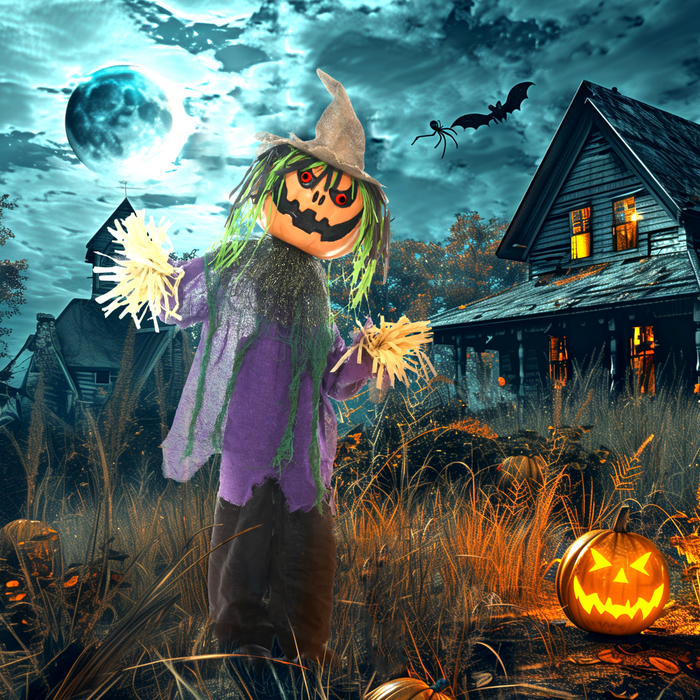 Halloween Pumpkin Scarecrow Animatronic – Touch & Sound Activated with Glowing Red Eyes - Samanta Factory