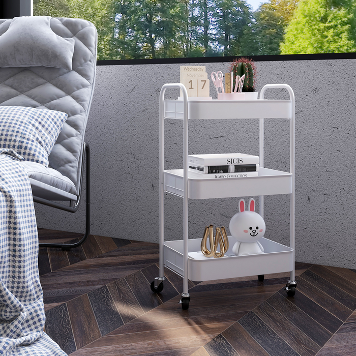 3-Tier Steel Storage Trolley – White Rolling Kitchen Cart with Baskets & Wheel