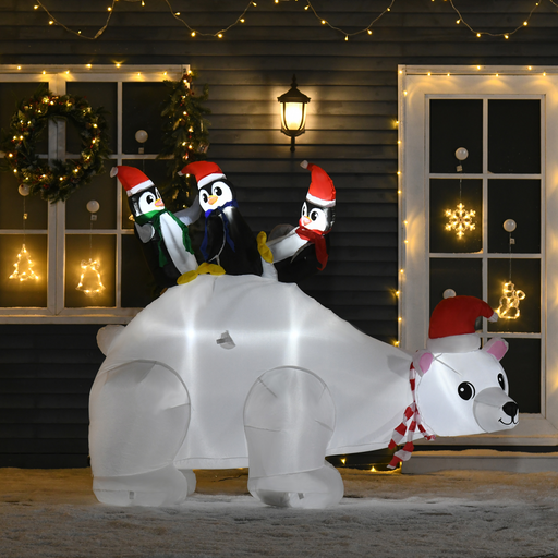 5ft inflatable polar bear with three penguins and LED lights for Christmas décor

