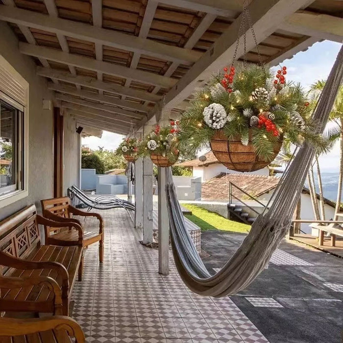 Pre-Lit Artificial Christmas Hanging Basket - Flocked with Mixed Decorations UK