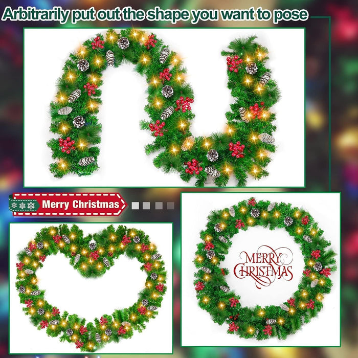 9Ft Christmas Garland Snow Flocked with Lights Pinecones Berries Wreath Bushy