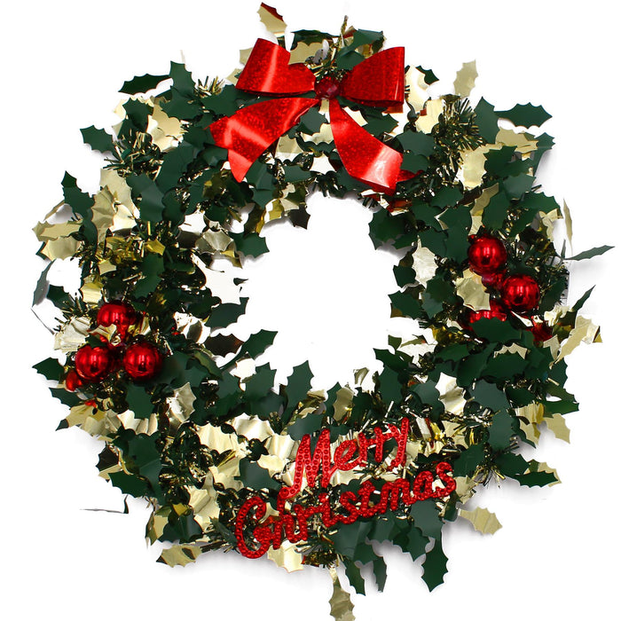 Christmas Holly Tinsel Wreath Decoration 25Cm - Choose Colour