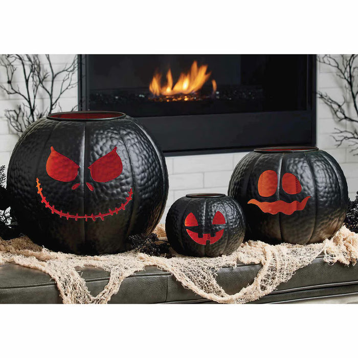 Set of 3 Halloween Pumpkin Metal Lanterns for Festive Indoor and Outdoor Décor