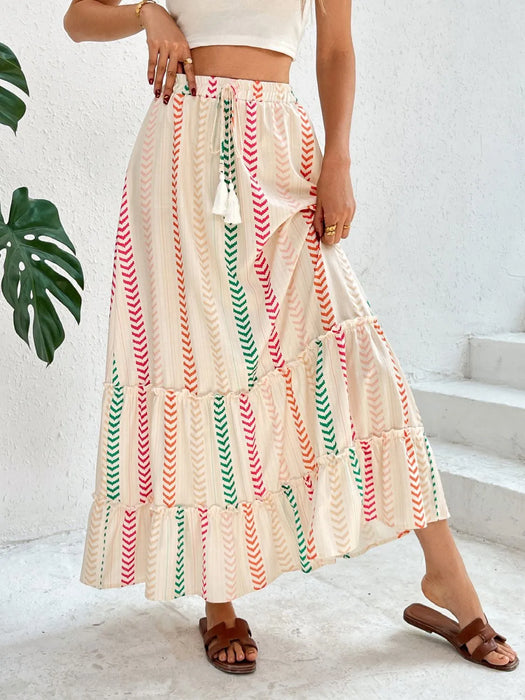 Plus size frill tie waist maxi skirt in lightweight polyester, perfect for casual and summer wear