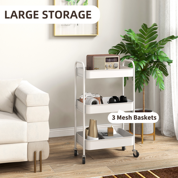 3-Tier Steel Storage Trolley – White Rolling Kitchen Cart with Baskets & Wheel