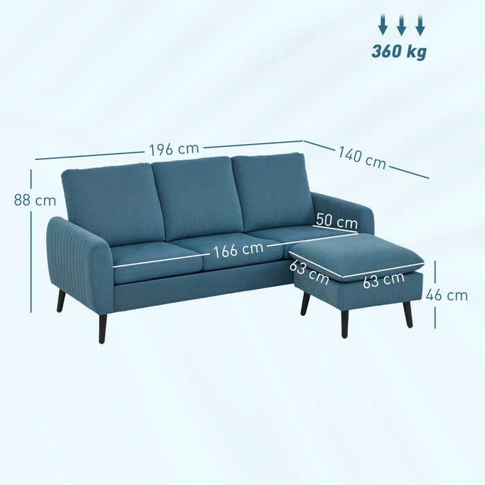 3-Seater Corduroy Sofa – Modular Chaise Lounge with Adjustable Legs & Plush Foam Comfort