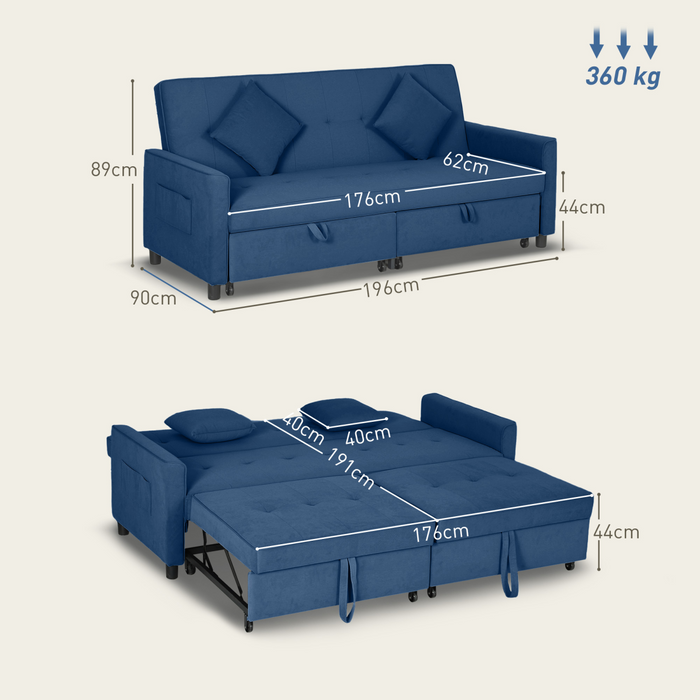 Convertible Velvet Sofa Bed – 3-Position Reclining with Pillows