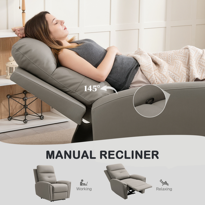 Grey Recliner Armchair – Manual 145° Reclining Chair with Footrest & Overstuffed Cushioning