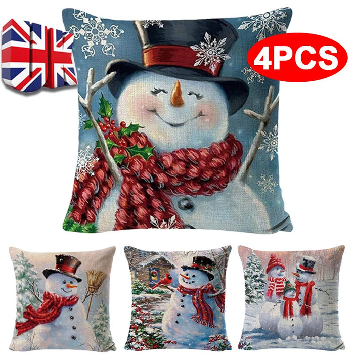 4 Pcs Christmas Cushion Cover Snowman Pillow Case Home Sofa Throw Decor Xmas 18"