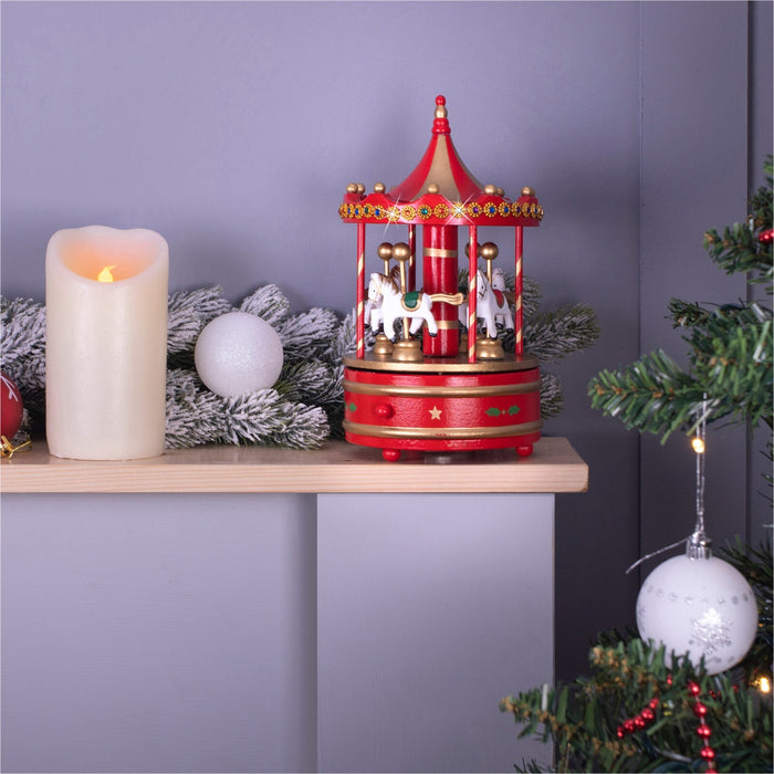 Mechanical Carousel Music Box Wooden Christmas Decoration Ornament Festive RED