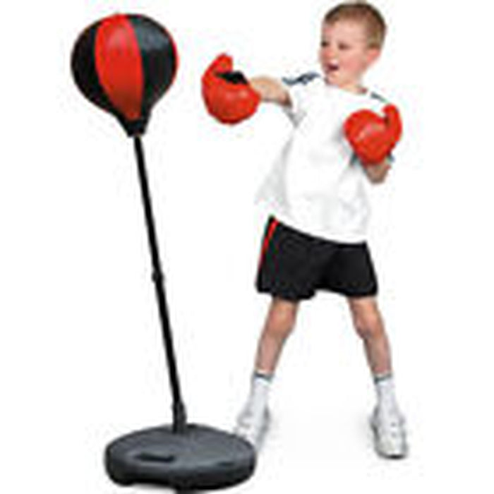 Adjustable kids boxing set with red and black punching ball, gloves, and water-fillable base