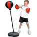 Adjustable kids boxing set with red and black punching ball, gloves, and water-fillable base
