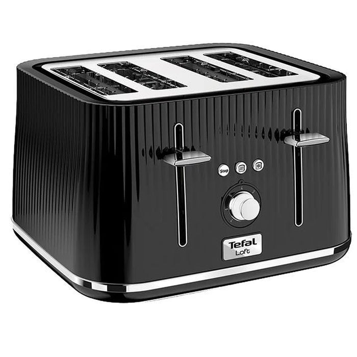 4-slice fluted black toaster with extra-wide slots and chrome accents

