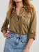 Collared denim top with button-up front and roll-tab sleeves for women