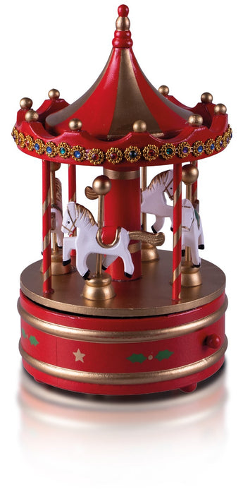 Mechanical Carousel Music Box Wooden Christmas Decoration Ornament Festive RED