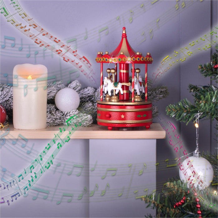 Mechanical Carousel Music Box Wooden Christmas Decoration Ornament Festive RED