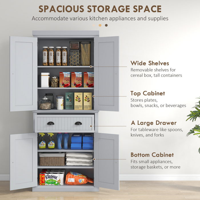 Tall Grey Storage Cabinet – 2-Door Cupboard with Drawer & Adjustable Shelves